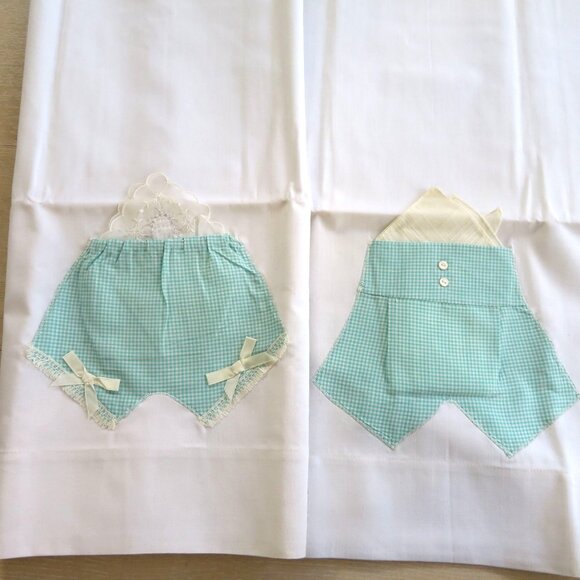 Vintage Stevens Pillowcase Set Boy Girl Gingham Pants Pocket Handkerchief Accent - Picture 2 of 13